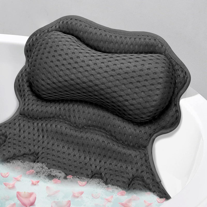 SetSail Bath Pillow Relaxing Bath Pillows for Tub Neck and Back Support Soft 4D Breathable Air Mesh Ergonomic Bathtub Pillow with 6 Strong Suction Cups and Hook Luxury Bathroom AccessoriesBlack